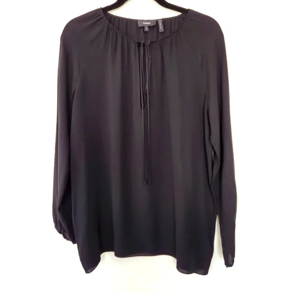 Theory 100% Silk Gathered Slit Neck Black Tie Front Blouse Size Small - Picture 2 of 10